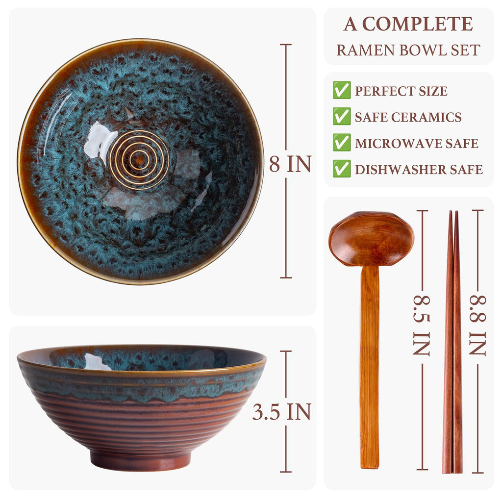 Tacuhy 40oz Japanese Ceramic Ramen Bowl Set of 2 with Chopsticks and Spoons for Pho Udon Asian Soup Noodles (Peacock Tail)