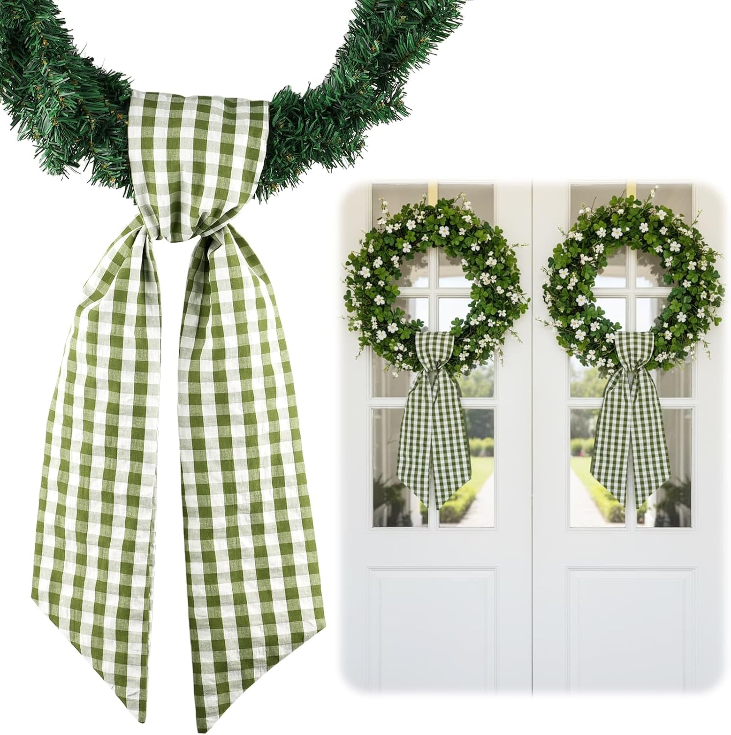 Skiennix 2-Pack Green & White Plaid Wreath Sashes - Versatile Door Decorations for Spring & St. Patrick's Day