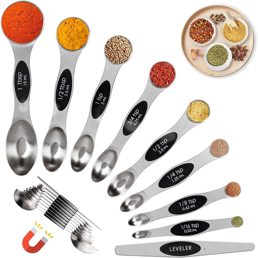 Recogwood 19 Pieces Measuring Cups and Spoons set, Includes 10 Stackable Measuring Cup with Lid and 9 Magnetic Measuring Spoons, Tablespoon for Liquid and Dry, BPA Free, Dishwasher Safe (Black)