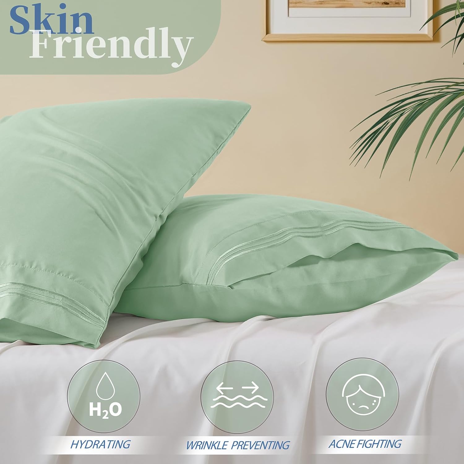 Vonty Queen Pillow Cases - 20x30 Inch, 1800 Thread Count Microfiber, Soft Sage Green Embroidered Covers