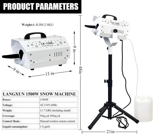 LANGXUN 1500W Snow Machine - Wireless Remote Control & Adjustable Snowflake Size | Ideal for Christmas, Weddings & Parties