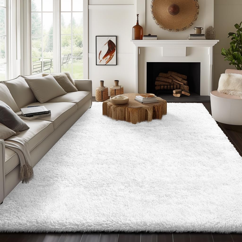 Ophanie 8x10 White Area Rug - Soft Shag Carpet for Living Room & Nursery | Ivory Home Decor