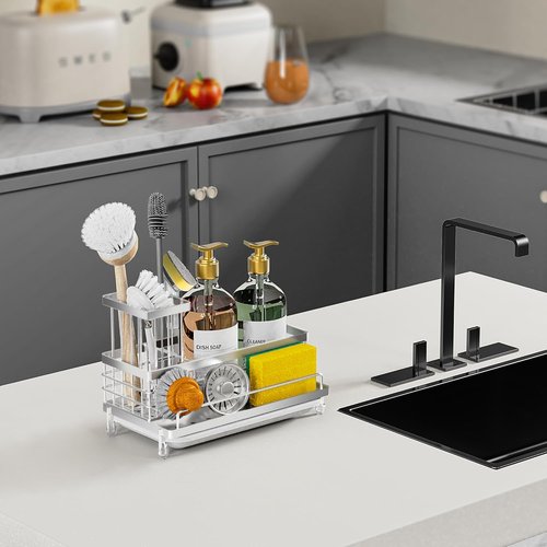 Cisily Stainless Steel Kitchen Sink Caddy - Rustproof Organizer with Non-Slip Soap Dish & Sponge Holder