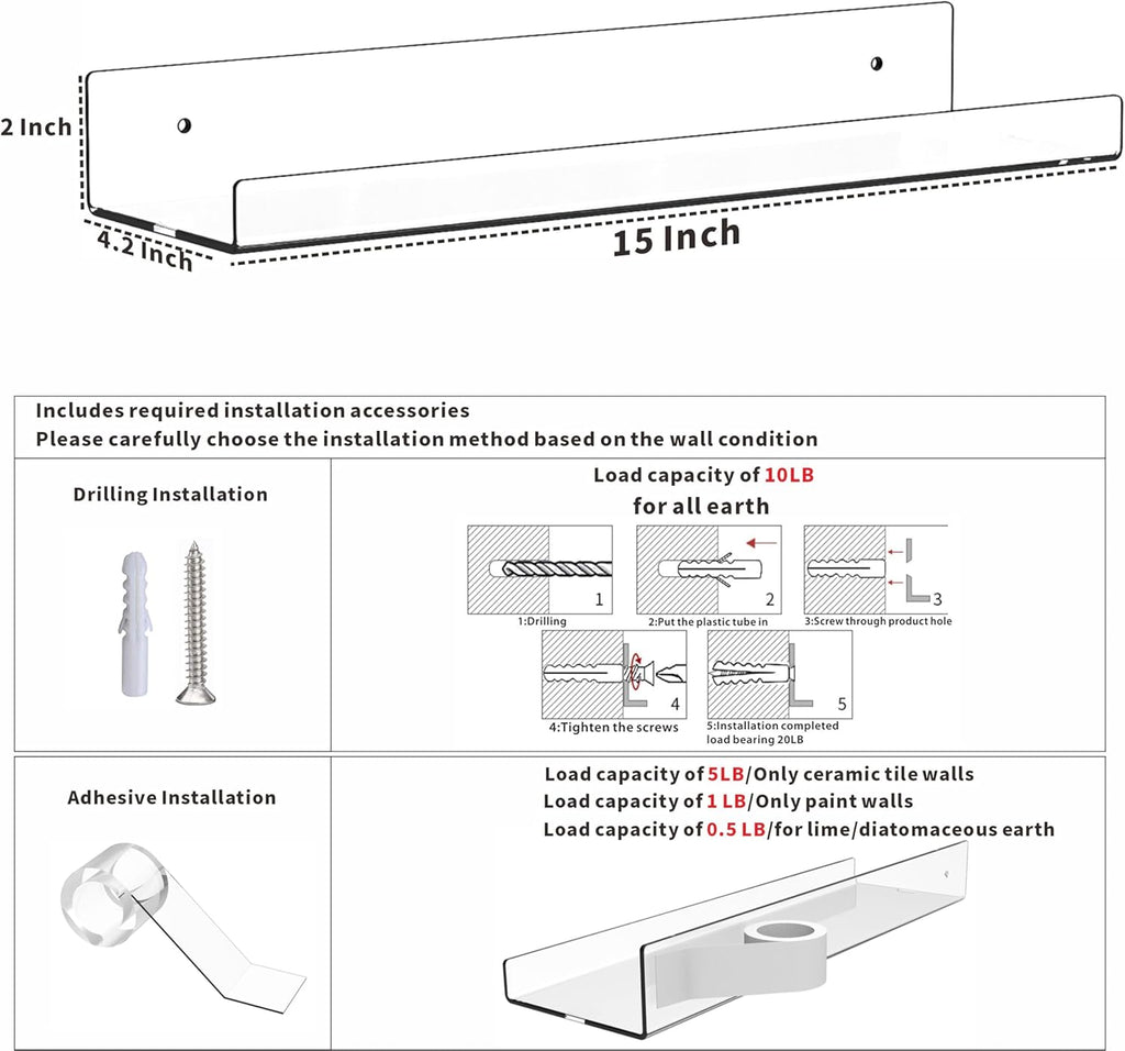 Skiennix 15-Inch Clear Acrylic Floating Shelves - Renter-Friendly Wall Display for Bathroom & Bedroom | 4 Pack