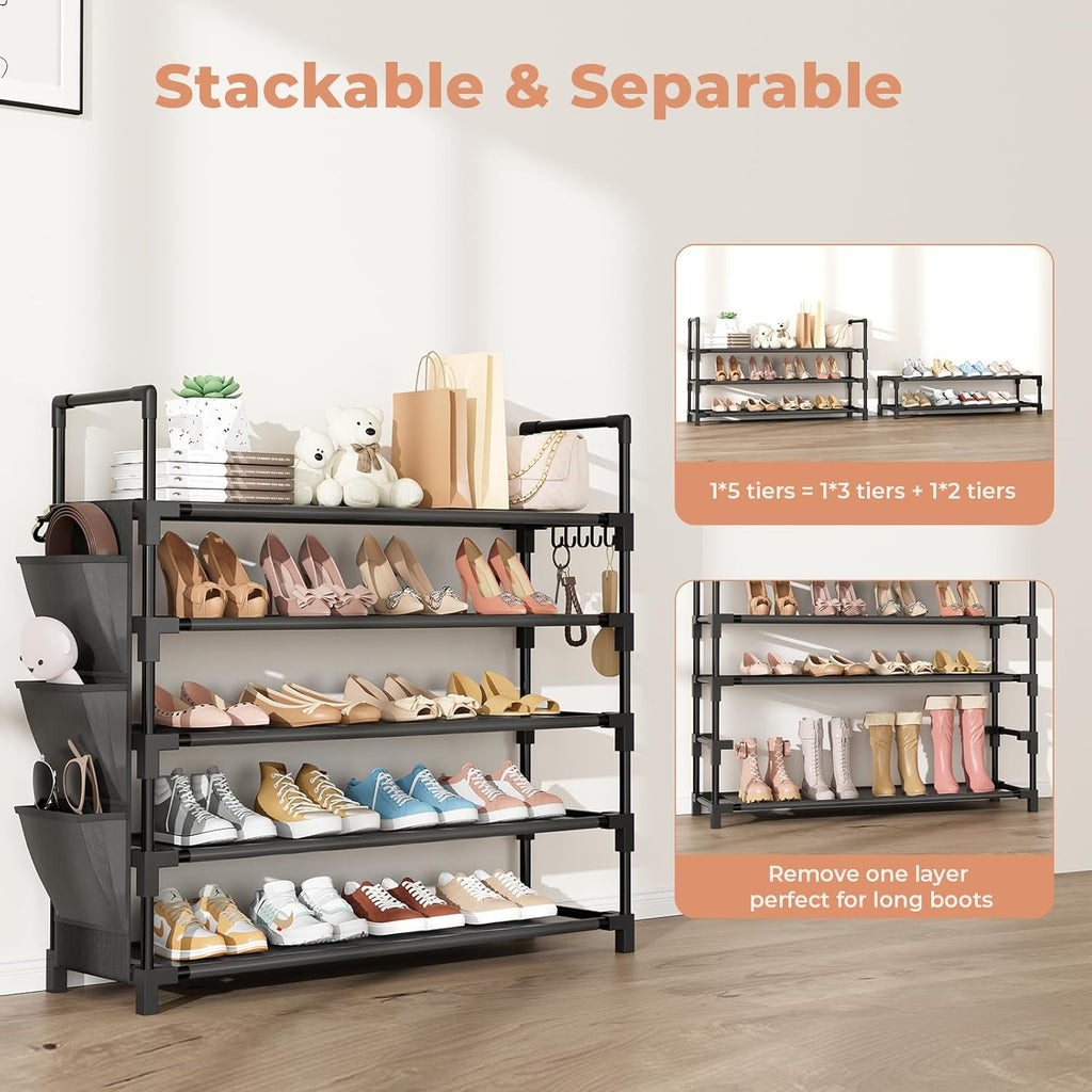 Skiennix 5-Tier Shoe Rack - Space-Saving Organizer for 20-25 Pairs | Stackable Free-Standing Design with Hooks