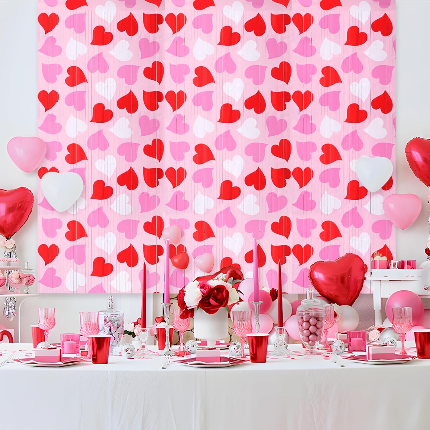 Mega-L Birthday Party Decorations - 2 Pack Red, Pink & White Heart Foil Fringe Curtains | 3.3x6.6 ft Tinsel Backdrop