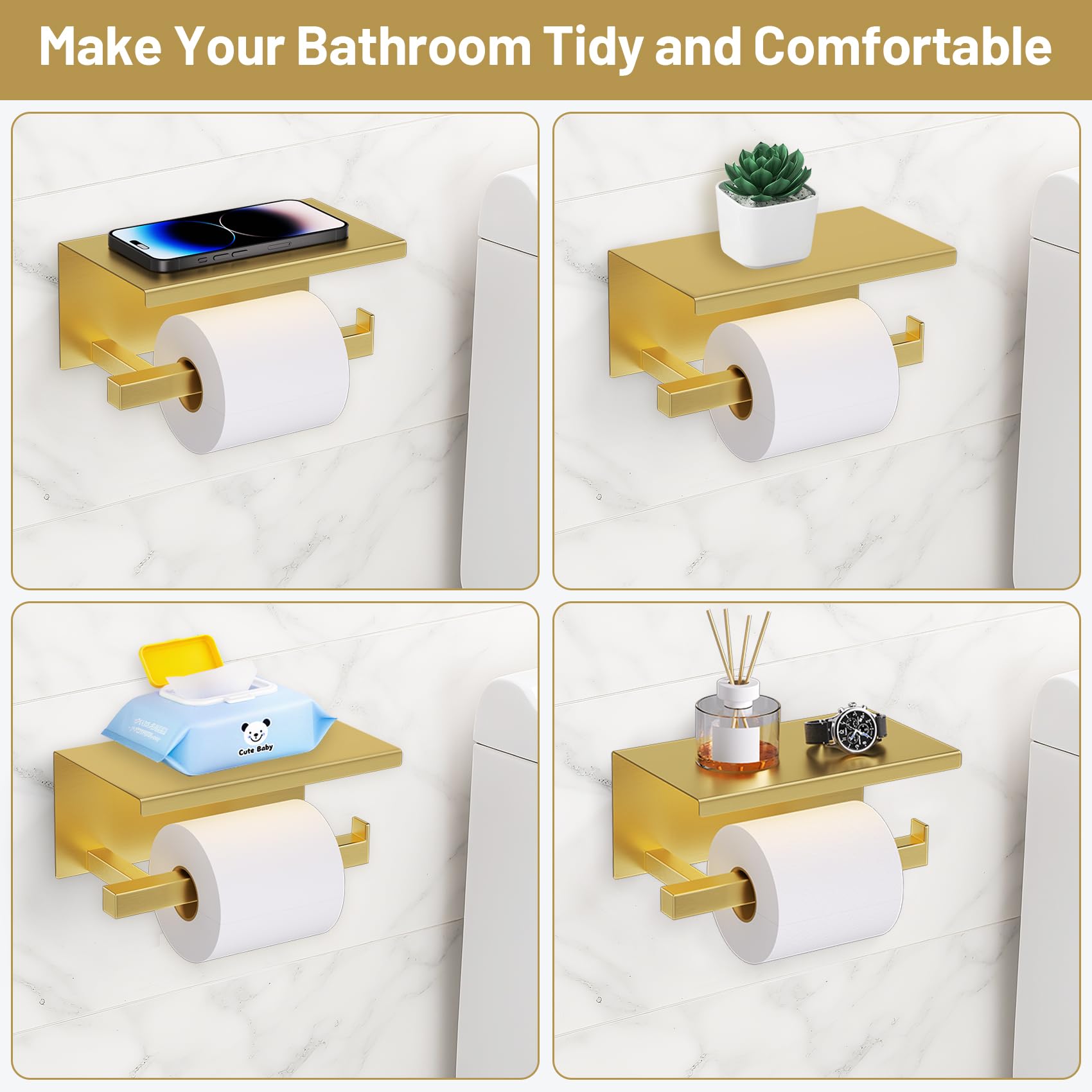 TURS Brushed Gold 5 Pieces Bathroom Hardware Set, SUS304 Stainless Steel 23.6 Inch Bath Towel Bar Set, Square Bathroom Accessories Kit Wall Mounted