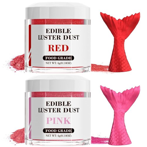 Cherrysea Luster Dust Edible Set - Food Grade Shimmer Powder for Cakes & Cocktails | 4g Bottles - Red & Pink