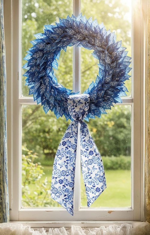 Chinoiserie Wreath Sash - Blue Floral Ribbon Decor for Front Door | 55x5 Inch Indoor/Outdoor Bow