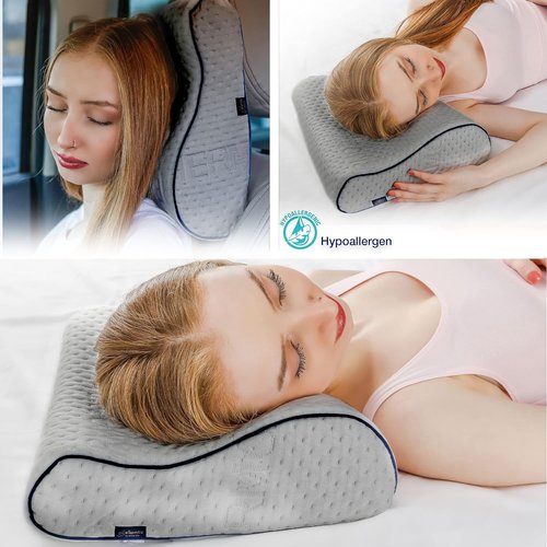 alkamto Travel & Camping Comfortable Memory Foam Pillow – Easy to Carry Portable Bag – Temperature Regulating Pillow Case (Grey Contour)