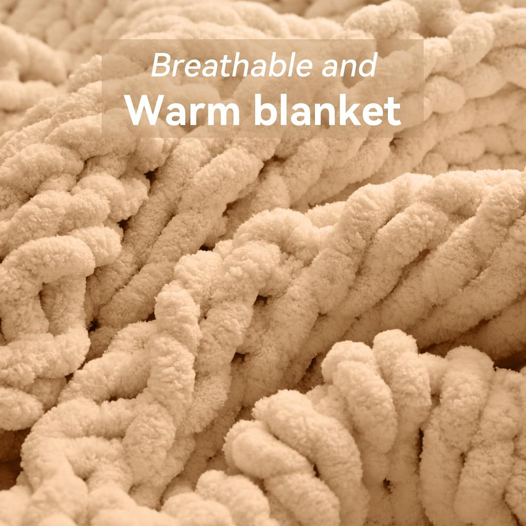 Negwoo Chunky Knit Throw Blanket - Handmade Beige Chenille Yarn | Soft & Comfy 30'' x 40'' Size for Home Decor