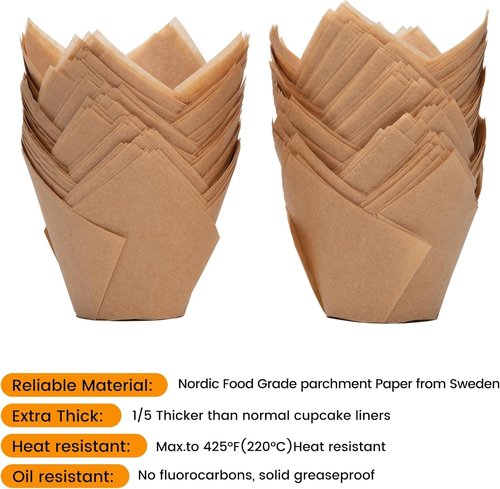 Bake Choice Large Natural Tulip Cupcake Liners - 200pcs Baking Muffin Wrappers for Parties