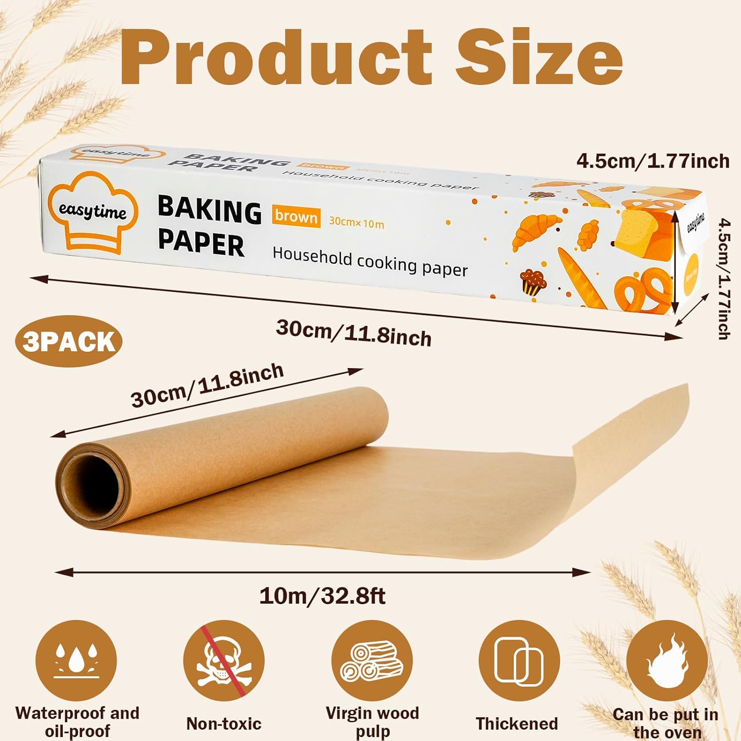 Unbleached Parchment Paper Roll - High Temperature Resistant, Non-Stick Baking Paper | 12in x 98ft (Brown)