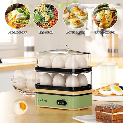 Evoloop Electric Egg Cooker - Rapid 12 Egg Capacity for Soft, Medium, Hard Boiled & Poached Eggs - BPA Free Green