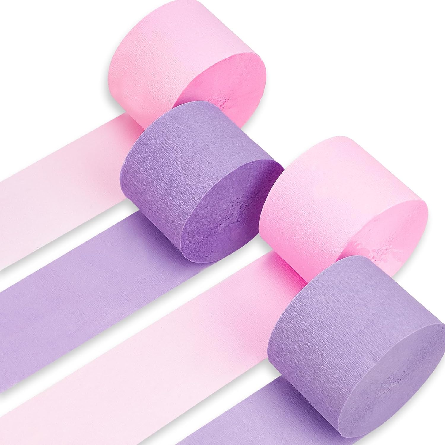PartyWoo Crepe Paper Streamers - Light Pastel Pink & Purple | 4pcs, 328ft for Birthday & Baby Showers