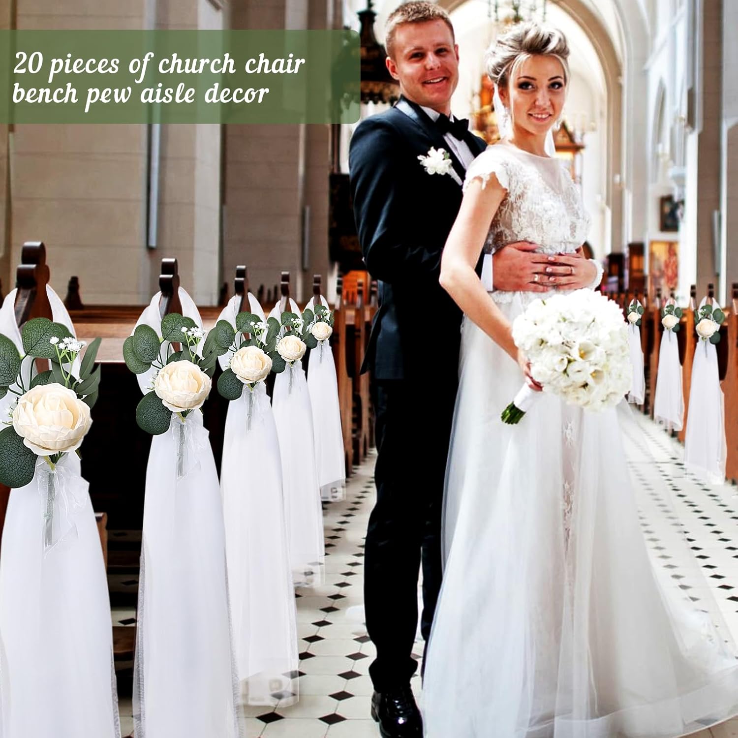 Regine Switzerland Wedding Aisle Decorations - 39.4 Inches Artificial Silk Rose Flowers with Long Tulle Tails in Champagne