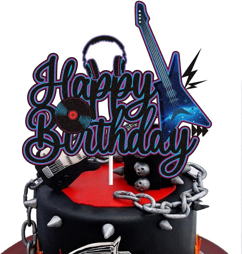 Skiennix Electric Guitar Birthday Cake Topper - Black & Purple Glitter Rock Music Theme Decor