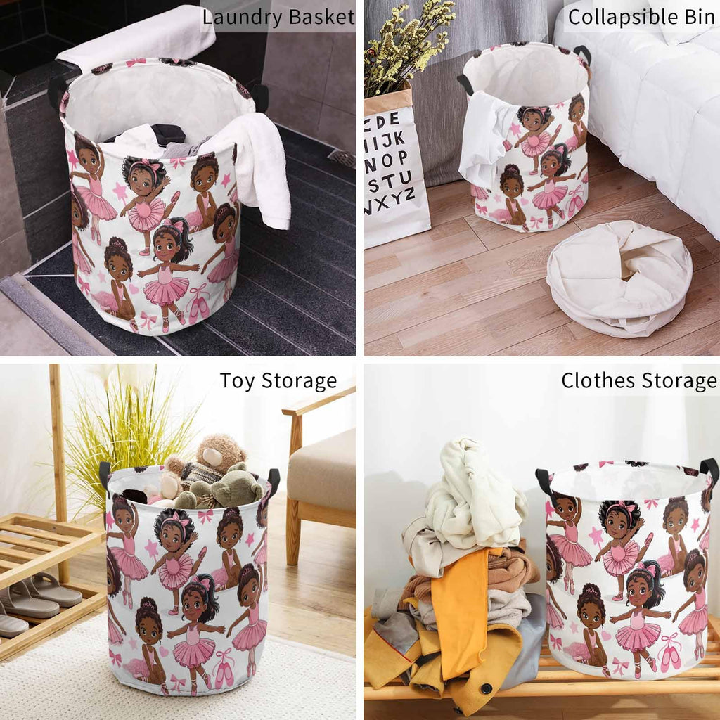 Laundry Basket African Black Girl Ballet Dance,Waterproof Collapsible Clothes Hamper Pink Skirt Star Bow,Large Storage Bag for Bedroom Bathroom