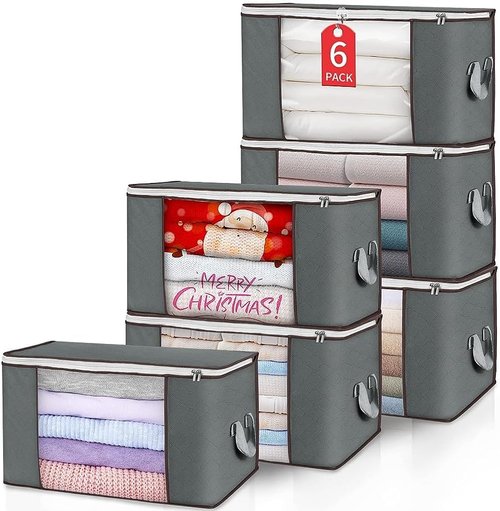 Budding Joy | Foldable Large Blanket Storage Bags - 60L Capacity, Enhanced Handles, 6-Pack Gray