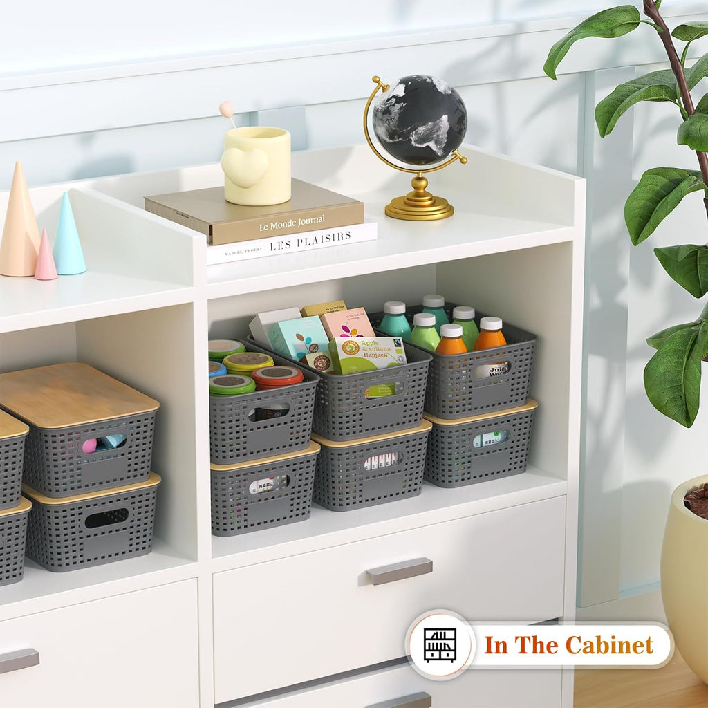 Skiennix Plastic Storage Baskets - Stackable Containers with Bamboo Lid | 6-Pack Gray for Organizing Shelves and Desks