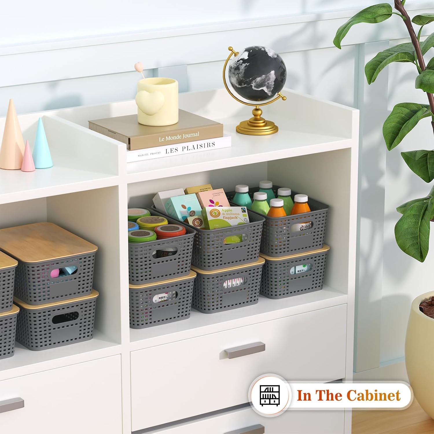 Skiennix Plastic Storage Baskets - Stackable Containers with Bamboo Lid | 6-Pack Gray for Organizing Shelves and Desks