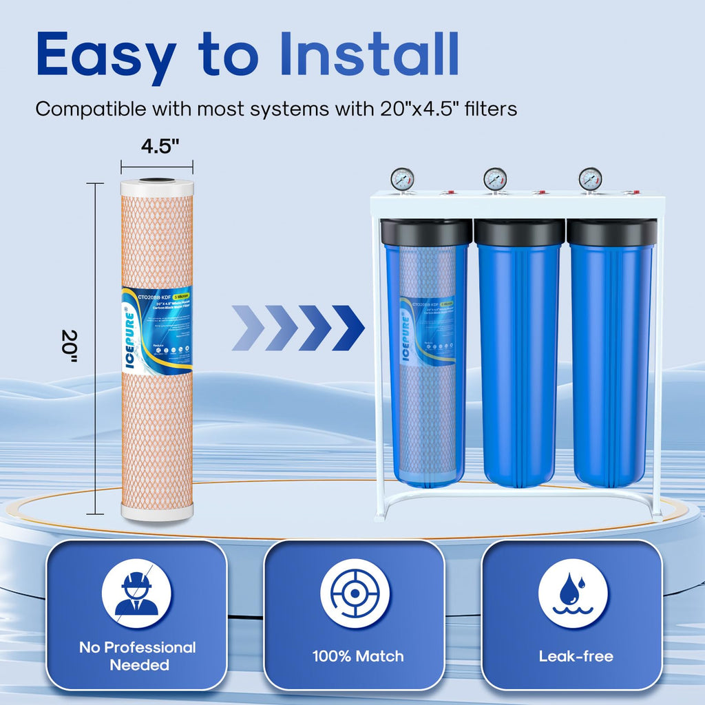 ICEPURE 4.5" x 20" Activated Carbon and KDF Large Capacity Water Filter, Whole House Heavy Metal Filtration, 5 Micron CTO20BB-KDF Whole House Water Filter, 1 PACK