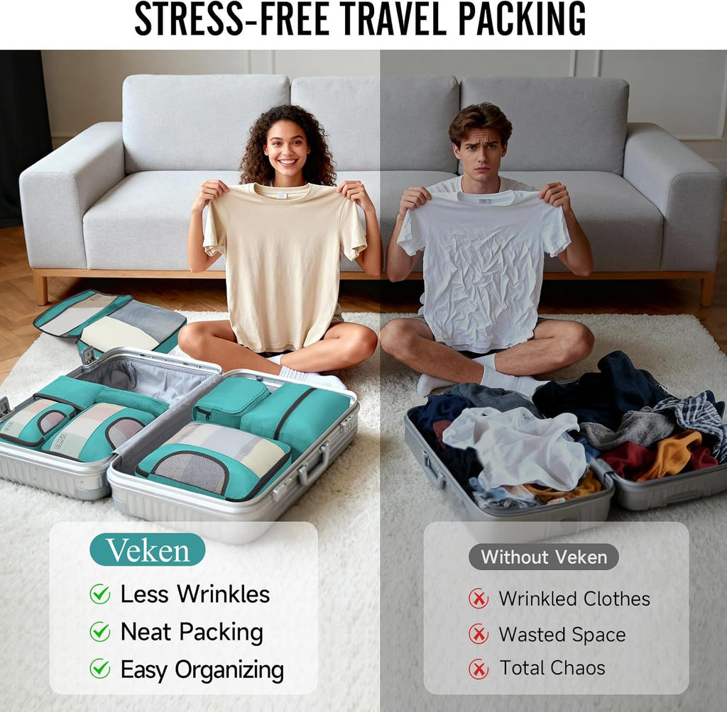Veken Packing Cubes - 8-Piece Travel Organizer Set with Laundry Bag & Passport Holder | 4 Sizes for Easy Packing
