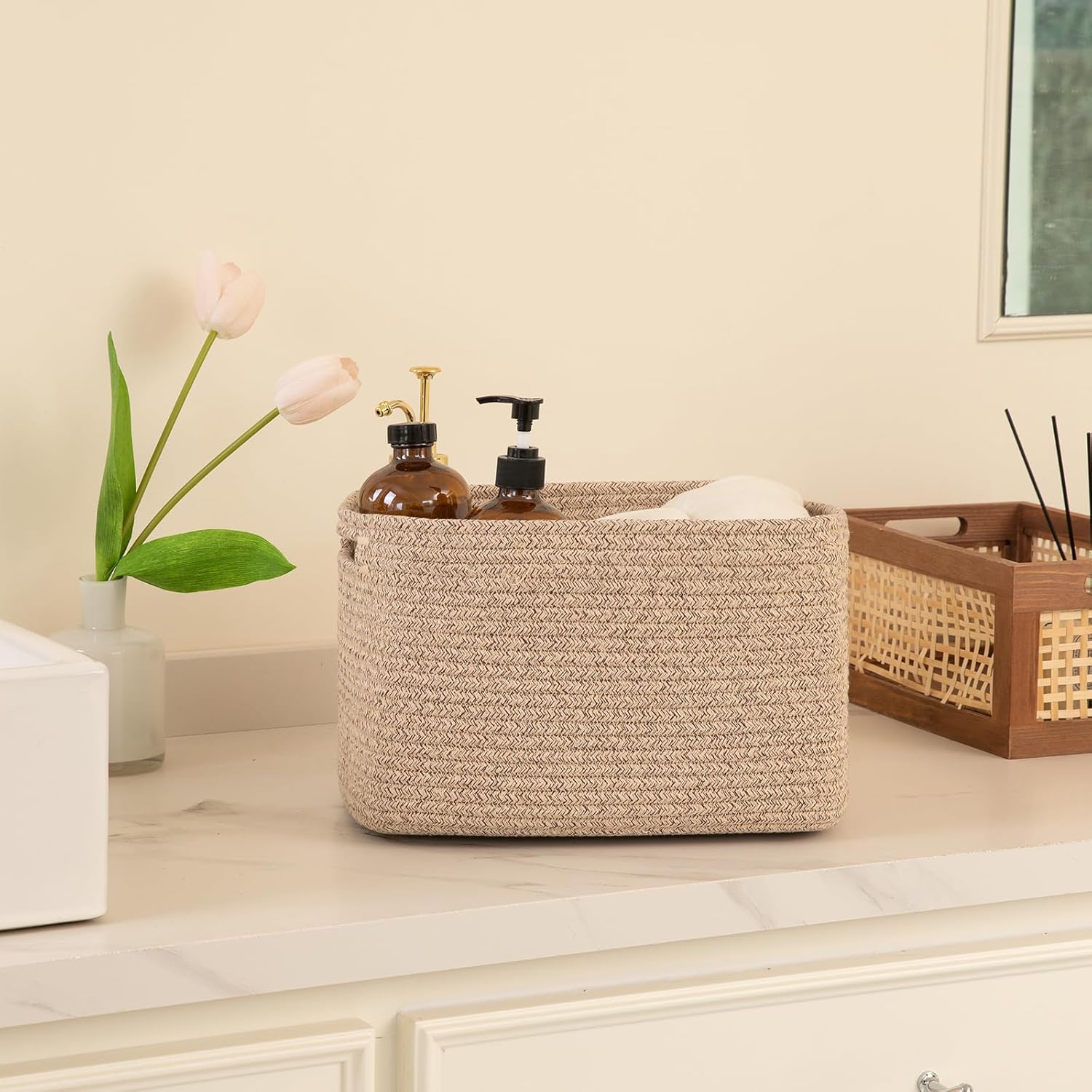 OIAHOMY Storage Baskets - 4 Pack Woven Cube Organizers with Handles | 16''L x 12''W x 8''H, Brown