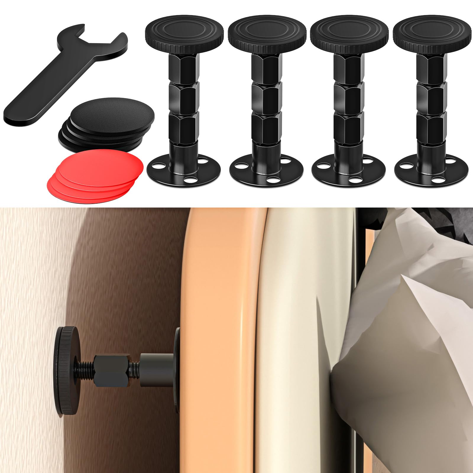 4PCS Adjustable Threaded Bed Frame Anti-Shake Tool, Upgraded Headboard stoppers with Free Furniture Pads, Easy Installation Bedside Anti-Shake Tool for Headboards, Cabinets and Sofas, 1.18-4.13in