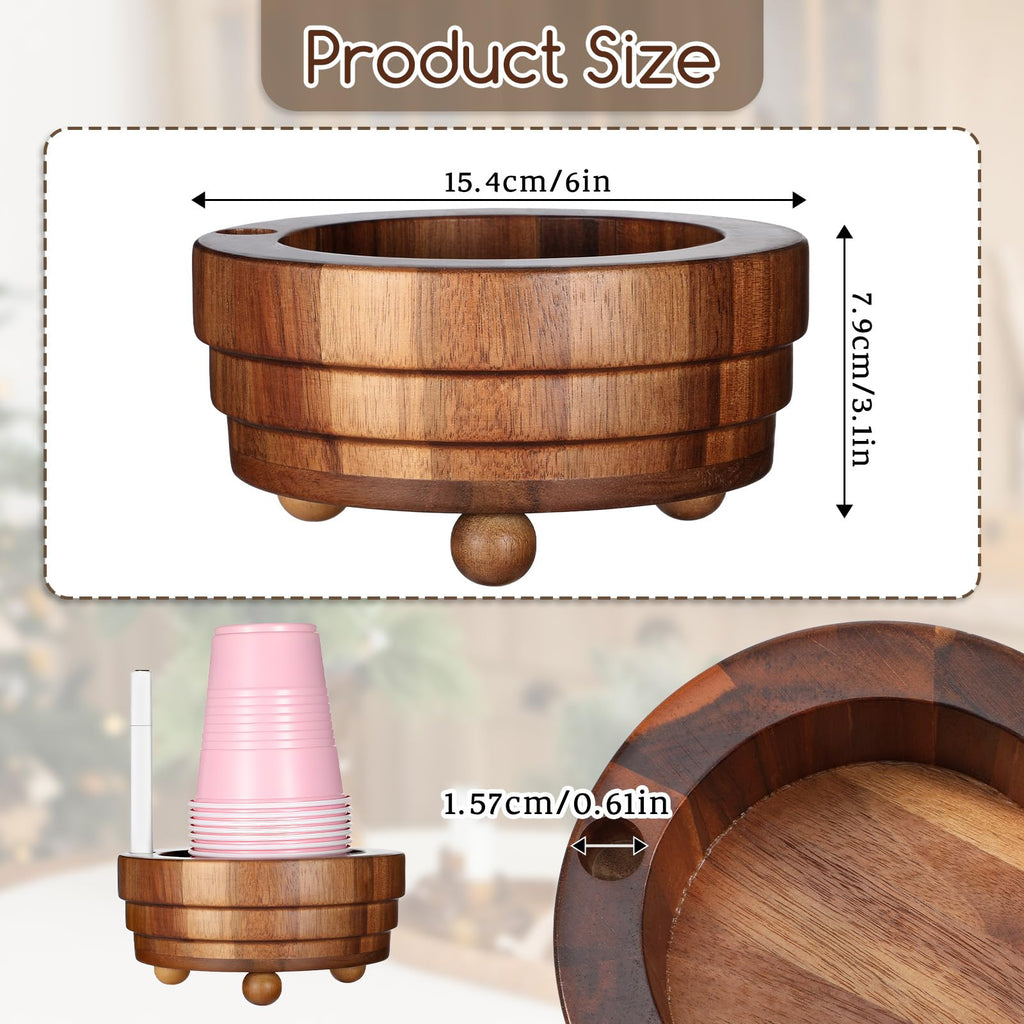 Ptwola Acacia Wood Cup Holder with Marker Slot, Disposable Paper Cup Dispenser Rustic Drink Mug Organizer Storage Box for Wedding Birthday Party Bar Kitchen Picnic Housewarming Decoration (No Pen)
