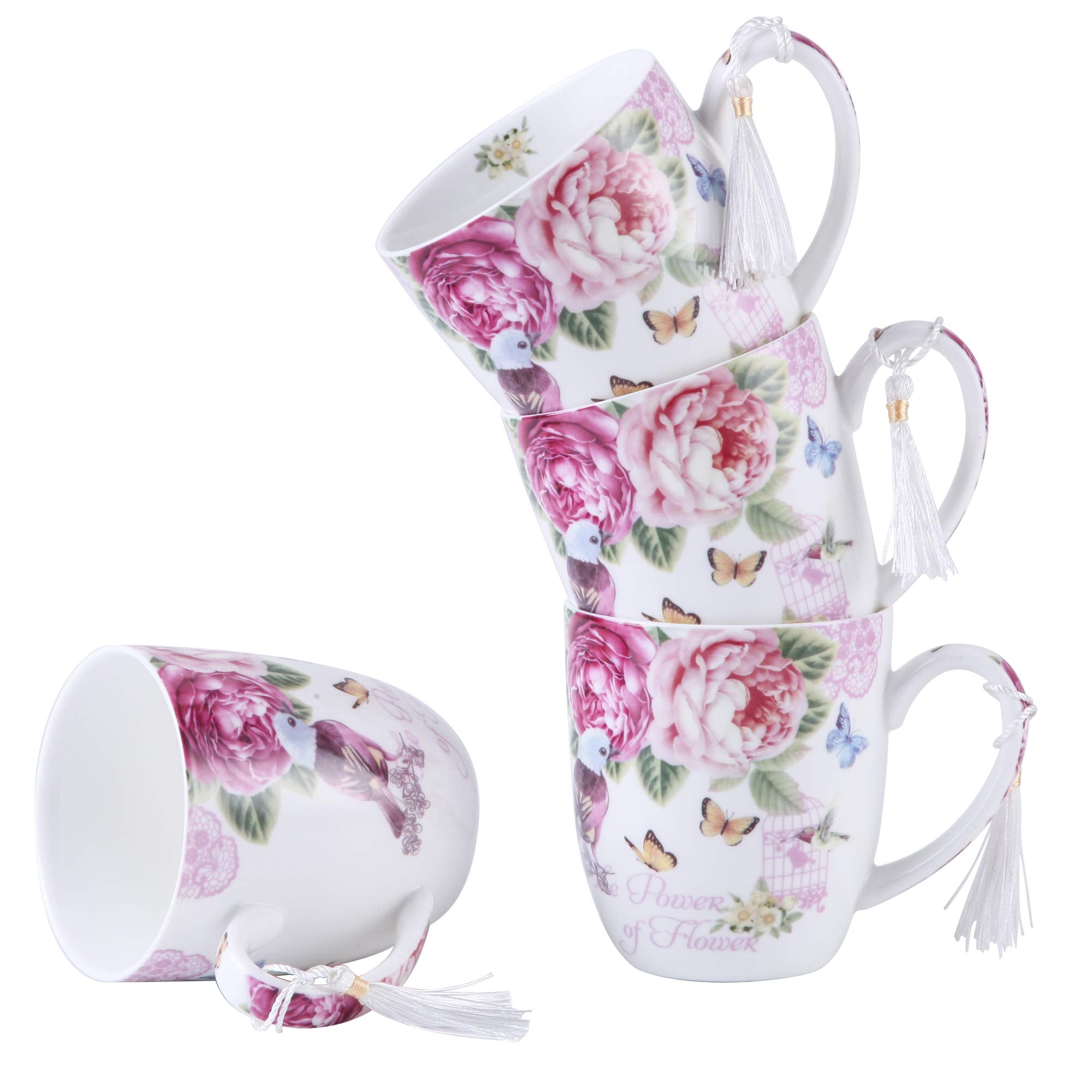 London Boutique Tea Coffee Cup Mug Set 4 Porcelain Bird Rose Butterfly Shabby Chic design in Gift Box 330ML 11oz