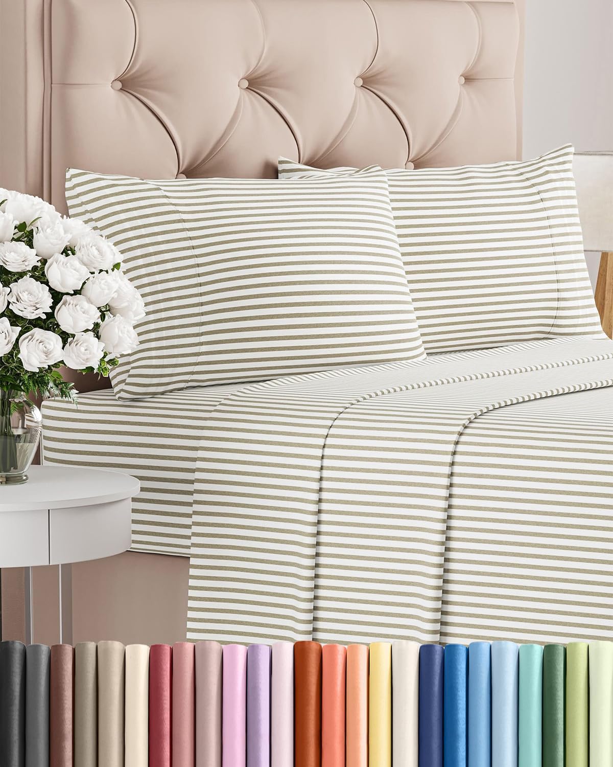 Skiennix Full Size 4-Piece Sheet Set - Comfy, Breathable Cooling Bedding - Deep Pockets, Soft, Wrinkle-Free - Beige Stripes