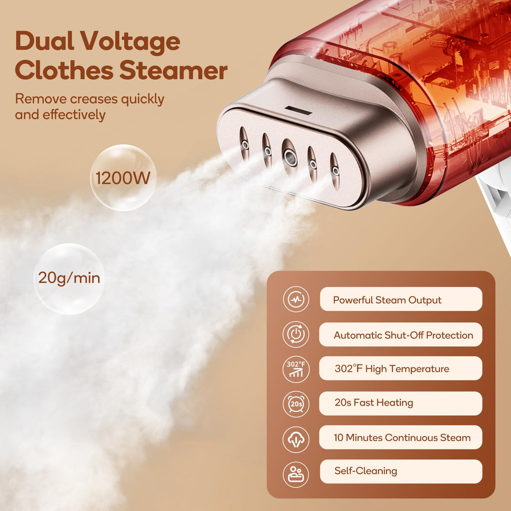 Newbealer Professional Business Travel Steamer, 1200W High-Power Dual Voltage (100-240V), Fast 20s Heat Up for Clothes Horizontal Vertical Steaming, Foldable & Solid 1.72 lbs, 180ml (Gold)