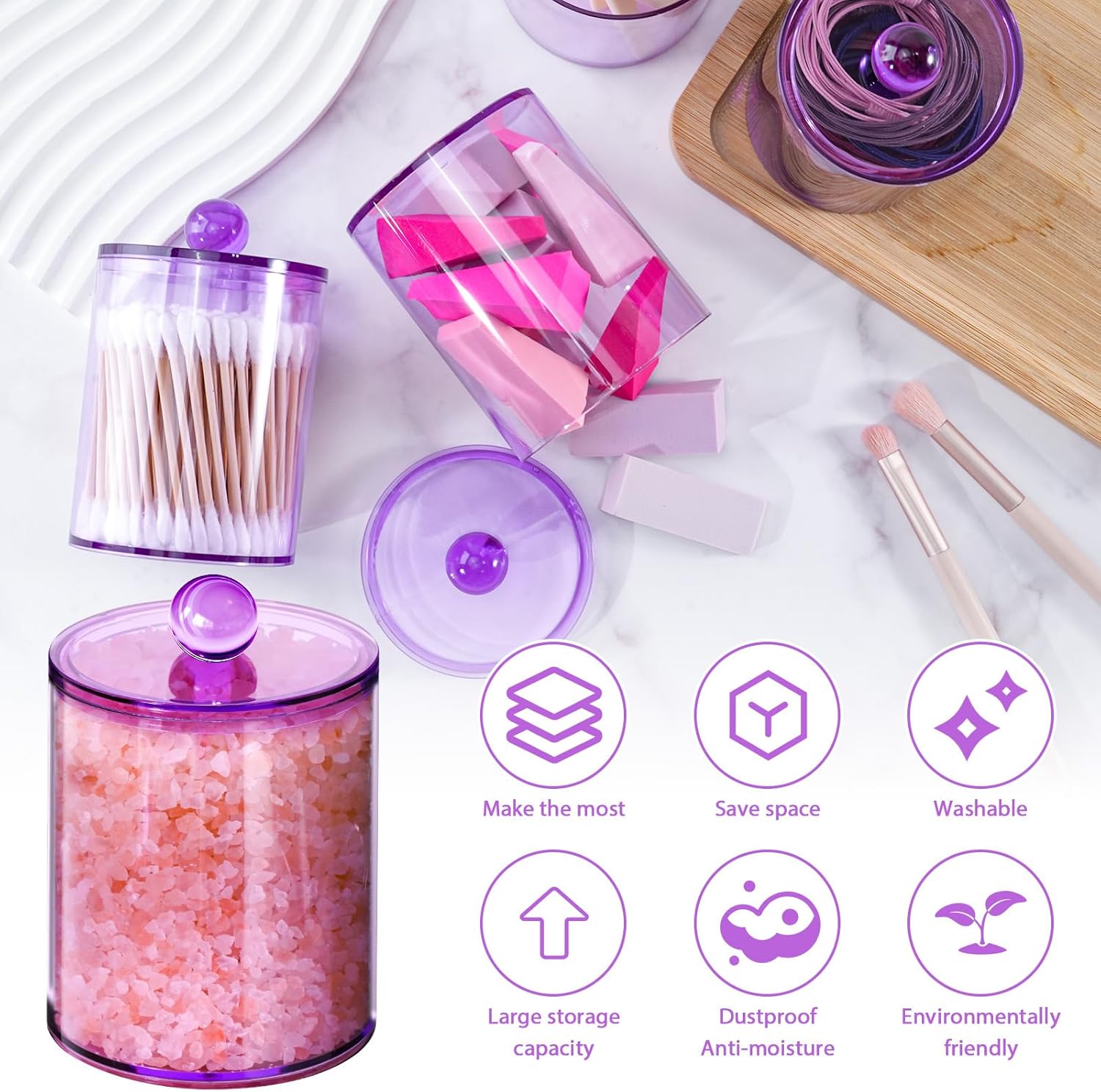 XIPENGKEJI Qtip Holder Set - Stylish Apothecary Jars for Cotton Swabs & Pads | 10oz-12oz Purple Canisters