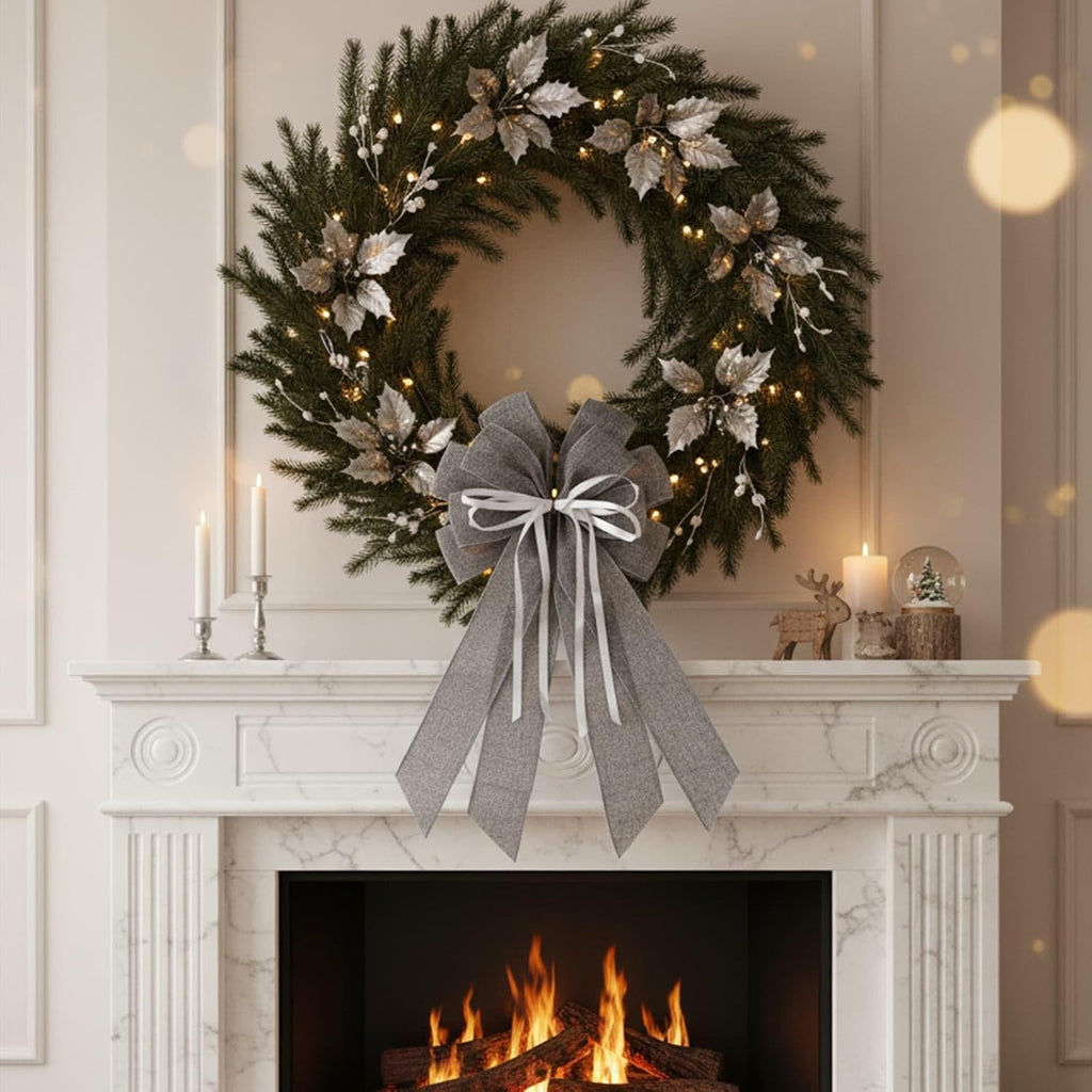 YKW Large Gray Burlap Bow - 20x11 Inch Modern Farmhouse Wreath Decor | Winter Holiday Indoor/Outdoor Ornaments