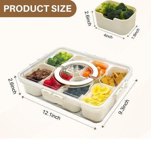 RKXQT Snackle Box Container,Divided Snack Serving Tray with Lid and Handle,Portable Snack Box for Veggie,Fruit,Candy,Nuts,Salad Serving Platter - Ideal for Picnic,Party,Travel,White,1Pack