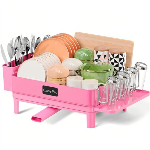 CosyPic Dish Drying Rack, Thicker Premium 304 Stainless Steel Dish Racks for Kitchen Counter, Sink, Large Dish Drainer & Drainboard Set with Utensil Holder and Cup Holder, Pink