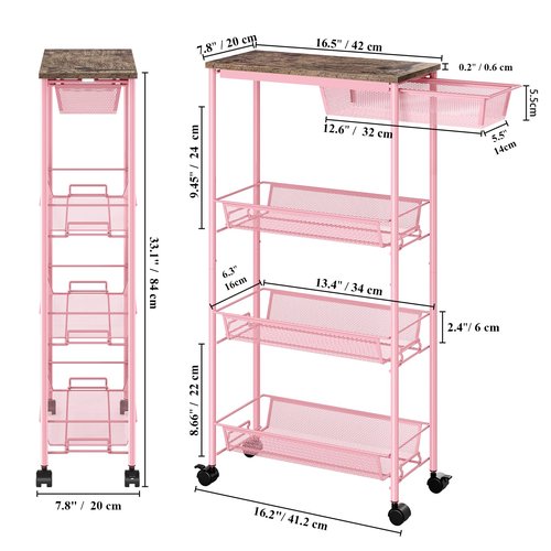 KINGRACK 4-Tier Slim Storage Cart, Metal Rolling Cart, Organizer with Wooden Tabletop and Drawer Basket, Mobile Shelving Unit for Kitchen, Bathroom, Laundry Room, Pink