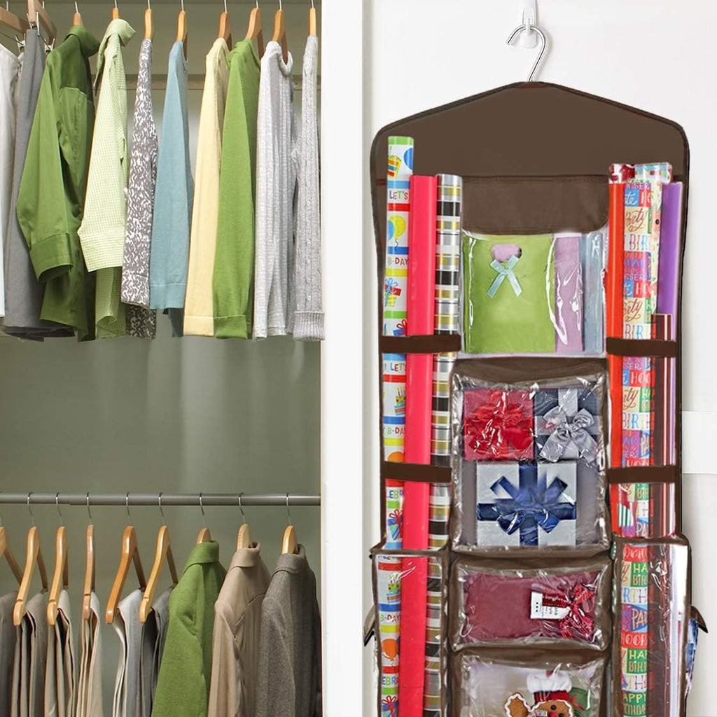 ProPik Hanging Double-Sided Wrapping Paper Organizer - Store Gift Wrap, Bags & Ribbons | 40" x 17" Clear PVC Bag (Brown)