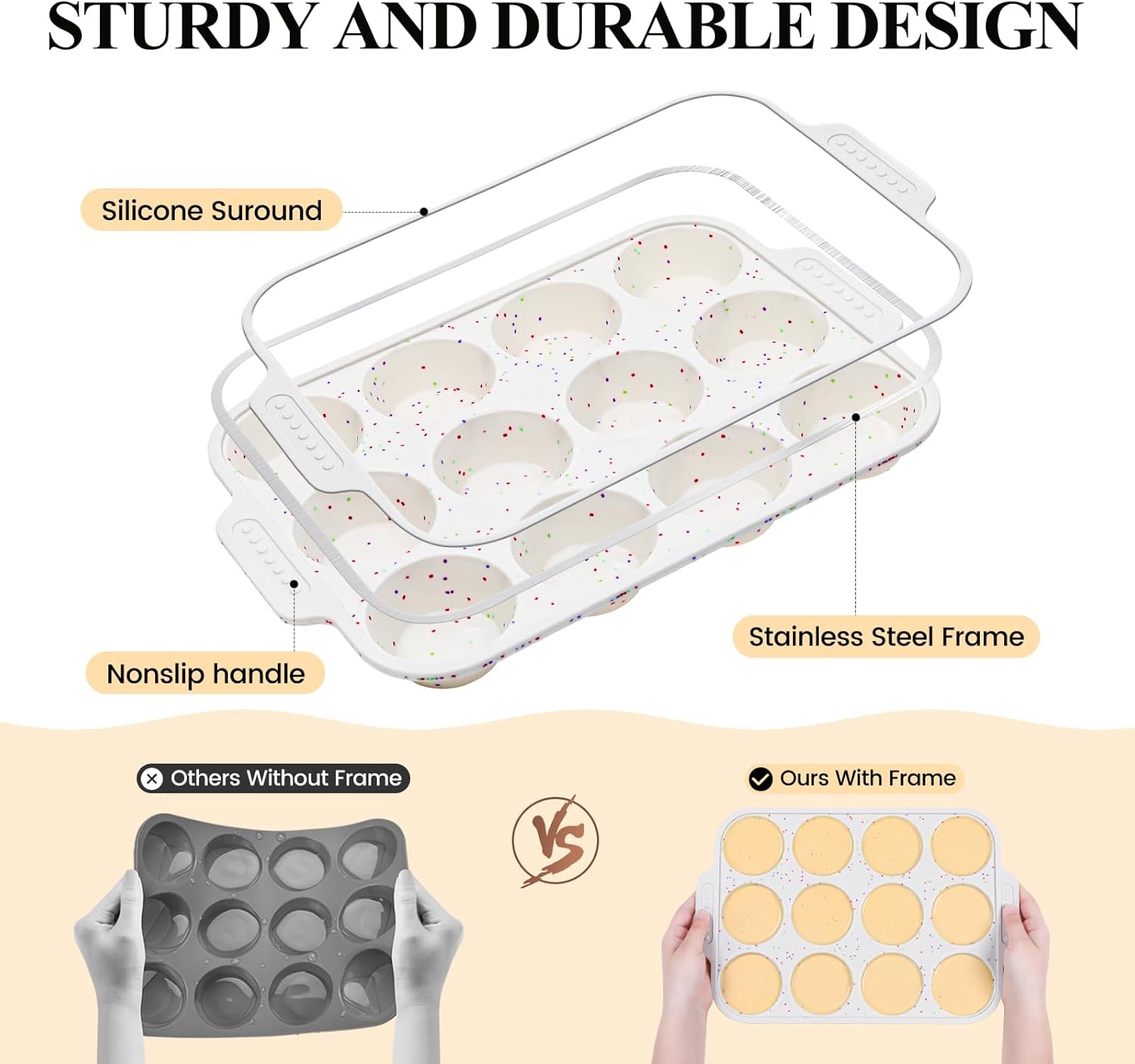 Vinino Silicone Muffin Pan - 2-Pack Nonstick Baking Tray with Metal Reinforced Frame | 12 Cups, BPA Free