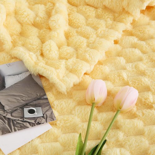 Excervent Flannel Fleece Throw Blanket(40x50 inches)for kids and pets, Big 3D Clouds Stylish Hexagon Jacquard Decorative Fuzzy Blankets for Household Camping and Travel, Super Soft Cozy, Light Yellow