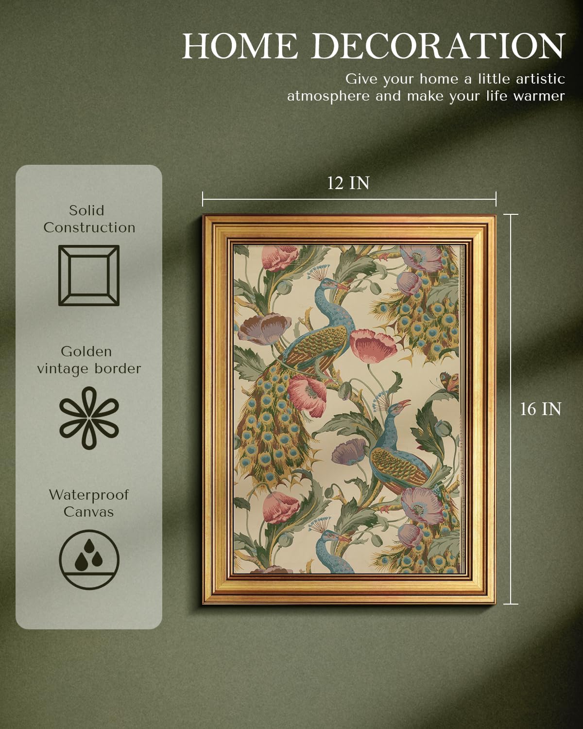 Vintage Golden Framed Canvas Wall Art - Peacock & Poppies Floral Print | 12x16 Inch Decor for Bedroom & Living Room