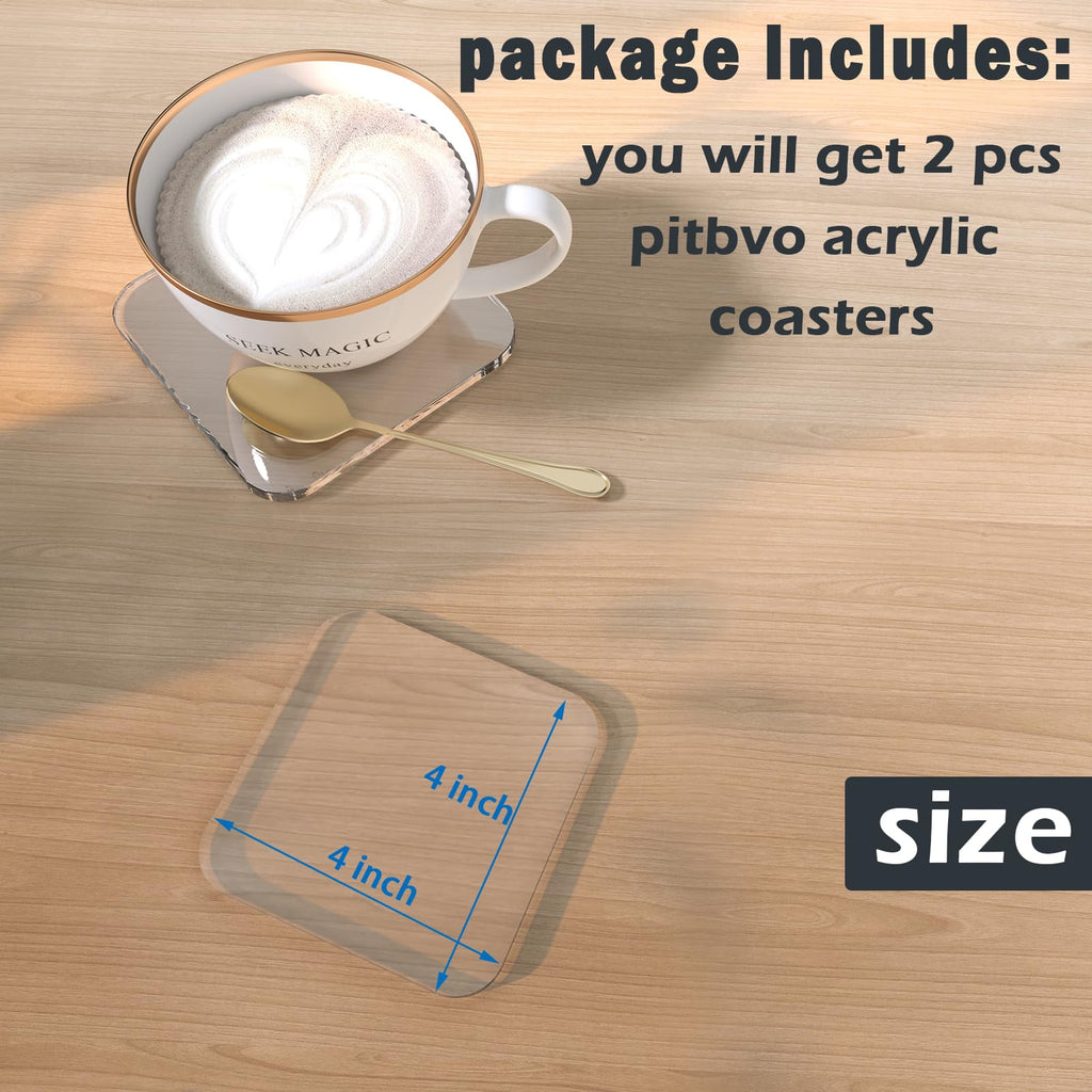 2 PCS Acrylic Coasters, Aesthetic Drink Coaster for Coffee Table, Clear Heat-Resistant Decorative Plates for Home Office Desk, Scratch-Proof Cup Protector for Kitchen Bar (Square 4'' 2 Pcs)