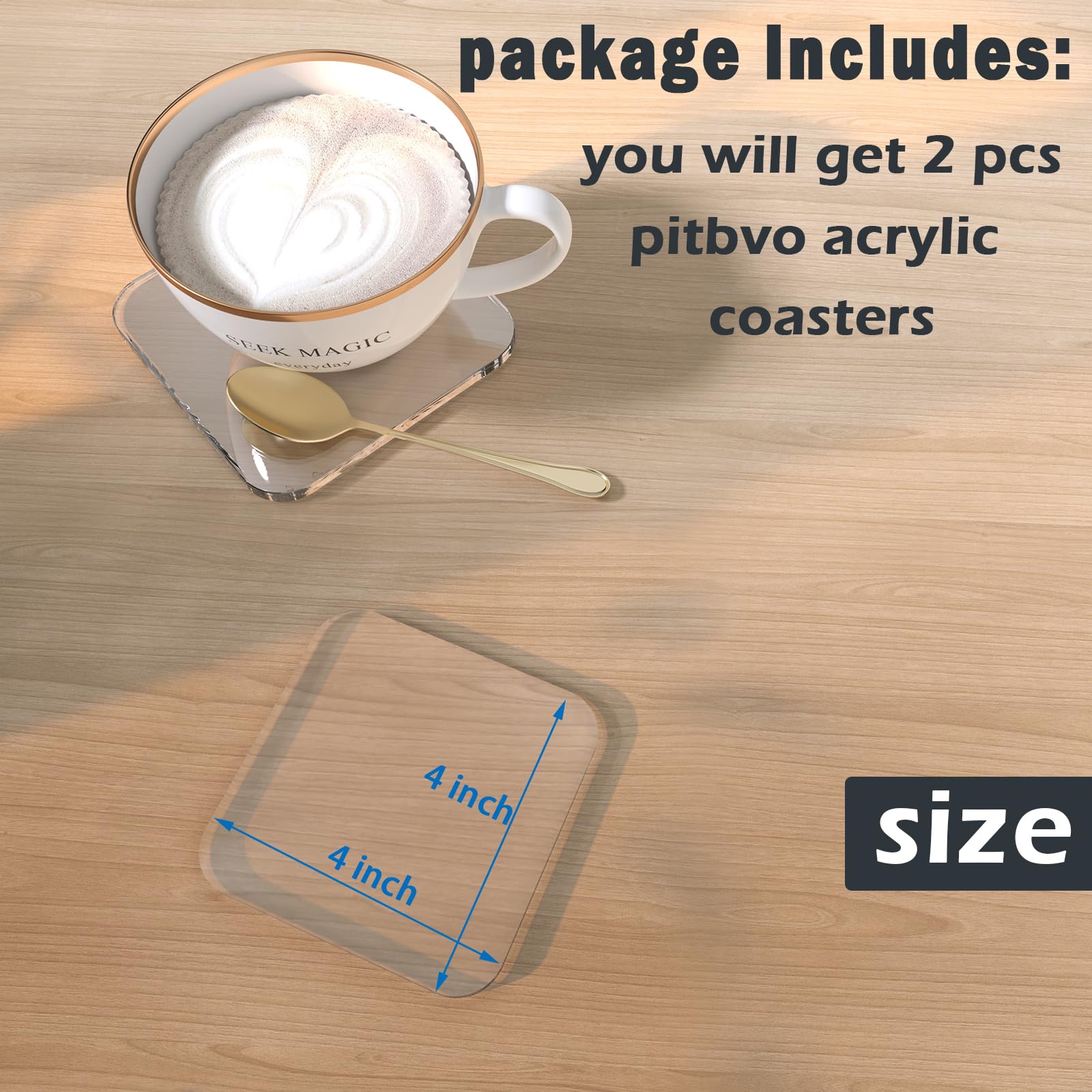 2 PCS Acrylic Coasters, Aesthetic Drink Coaster for Coffee Table, Clear Heat-Resistant Decorative Plates for Home Office Desk, Scratch-Proof Cup Protector for Kitchen Bar (Square 4'' 2 Pcs)