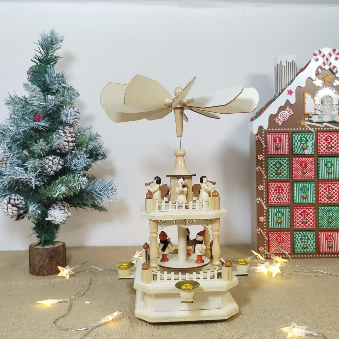 Regine Switzerland 14-Inch Wooden Christmas Pyramid - Nativity Scene with 4 Candle Holders