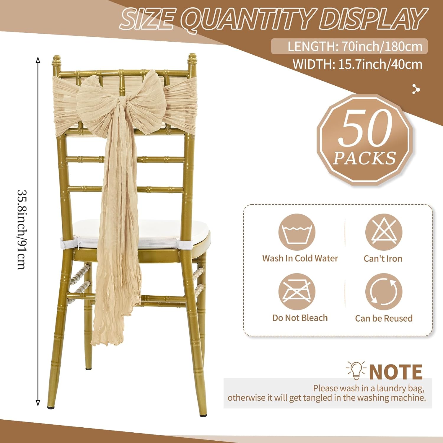 Skiennix 50 PCS Cheesecloth Chair Sashes - Elegant Wedding Aisle Decorations | Beige Ribbon Ties