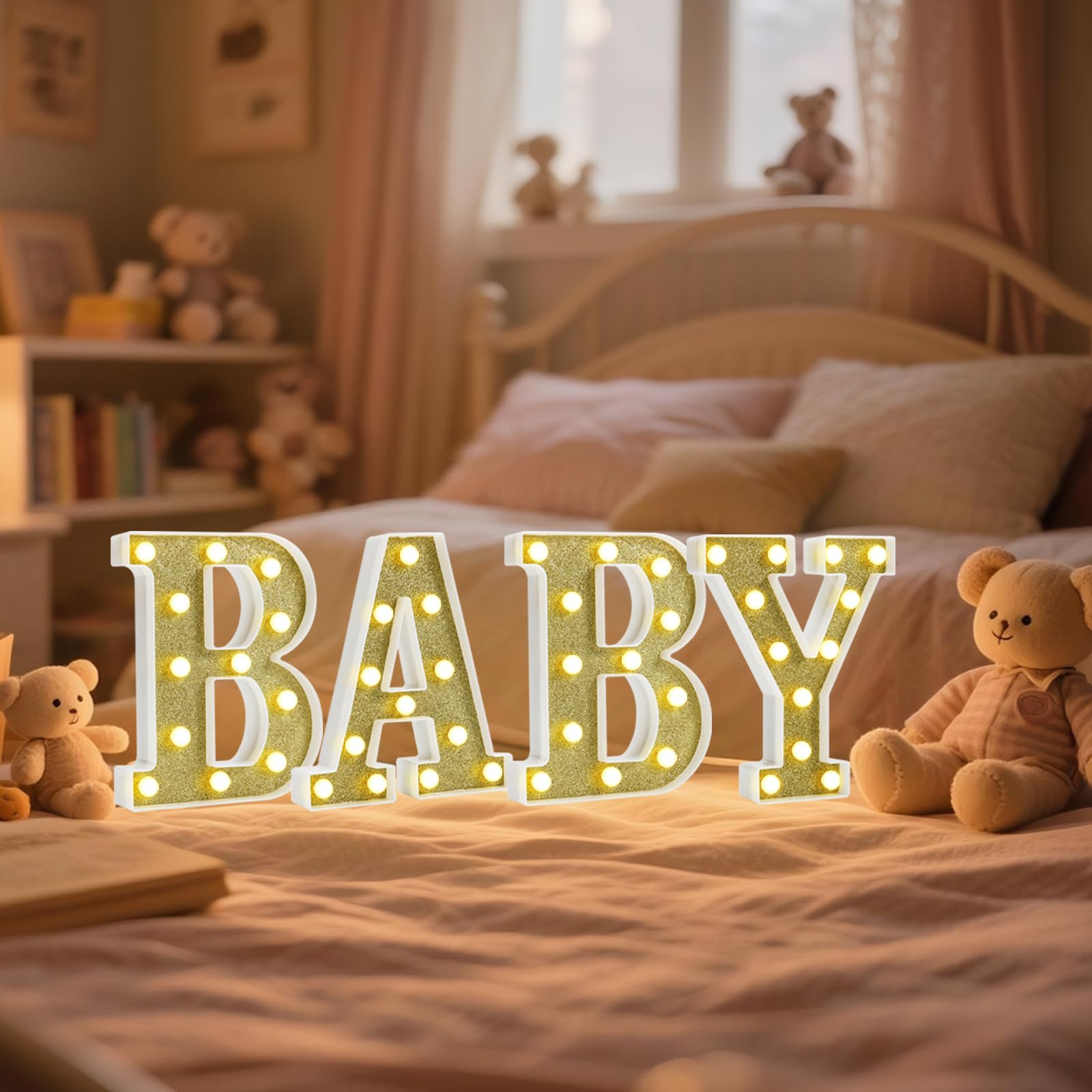 Pooqla BABY Marquee Light Up Letter Set, Gold Glitter Glowing Letters for Baby Shower Girl Boy Birthday Party Backdrop, LED Light Up Letter for Gender Reveal Home Bedroom Nursery Table Wall Decor