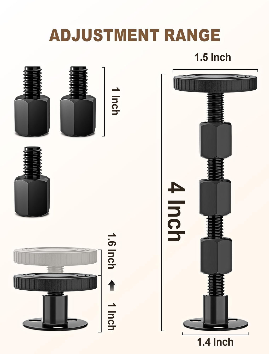4PCS Adjustable Threaded Bed Frame Anti-Shake Tool, Upgraded Headboard stoppers with Free Furniture Pads, Easy Installation Bedside Anti-Shake Tool for Headboards, Cabinets and Sofas, 1.18-4.13in