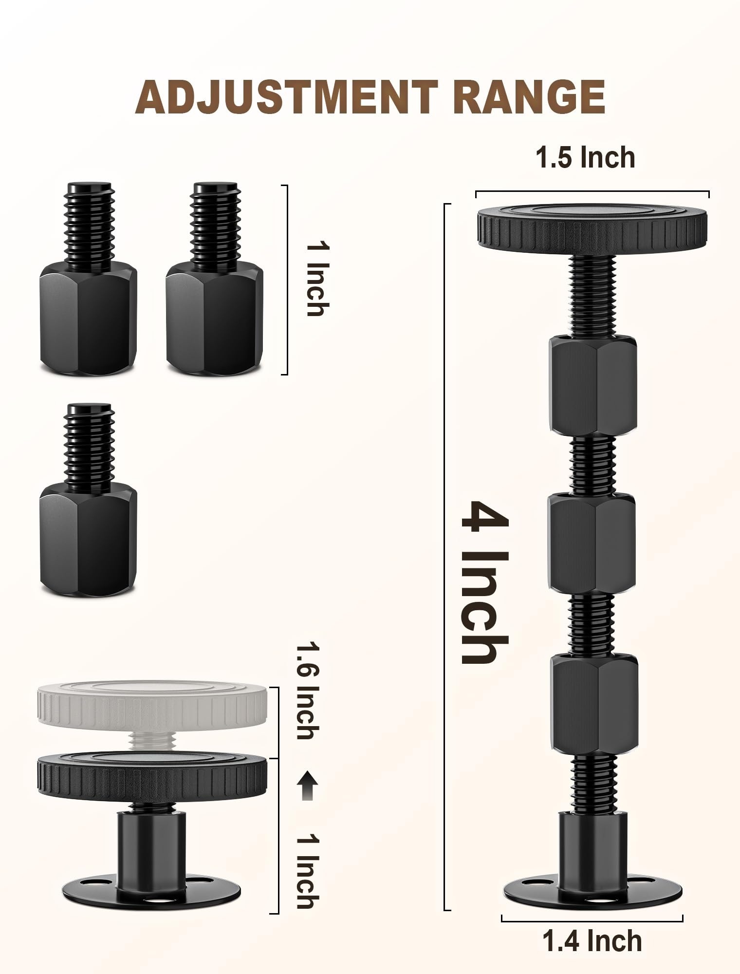 4PCS Adjustable Threaded Bed Frame Anti-Shake Tool, Upgraded Headboard stoppers with Free Furniture Pads, Easy Installation Bedside Anti-Shake Tool for Headboards, Cabinets and Sofas, 1.18-4.13in