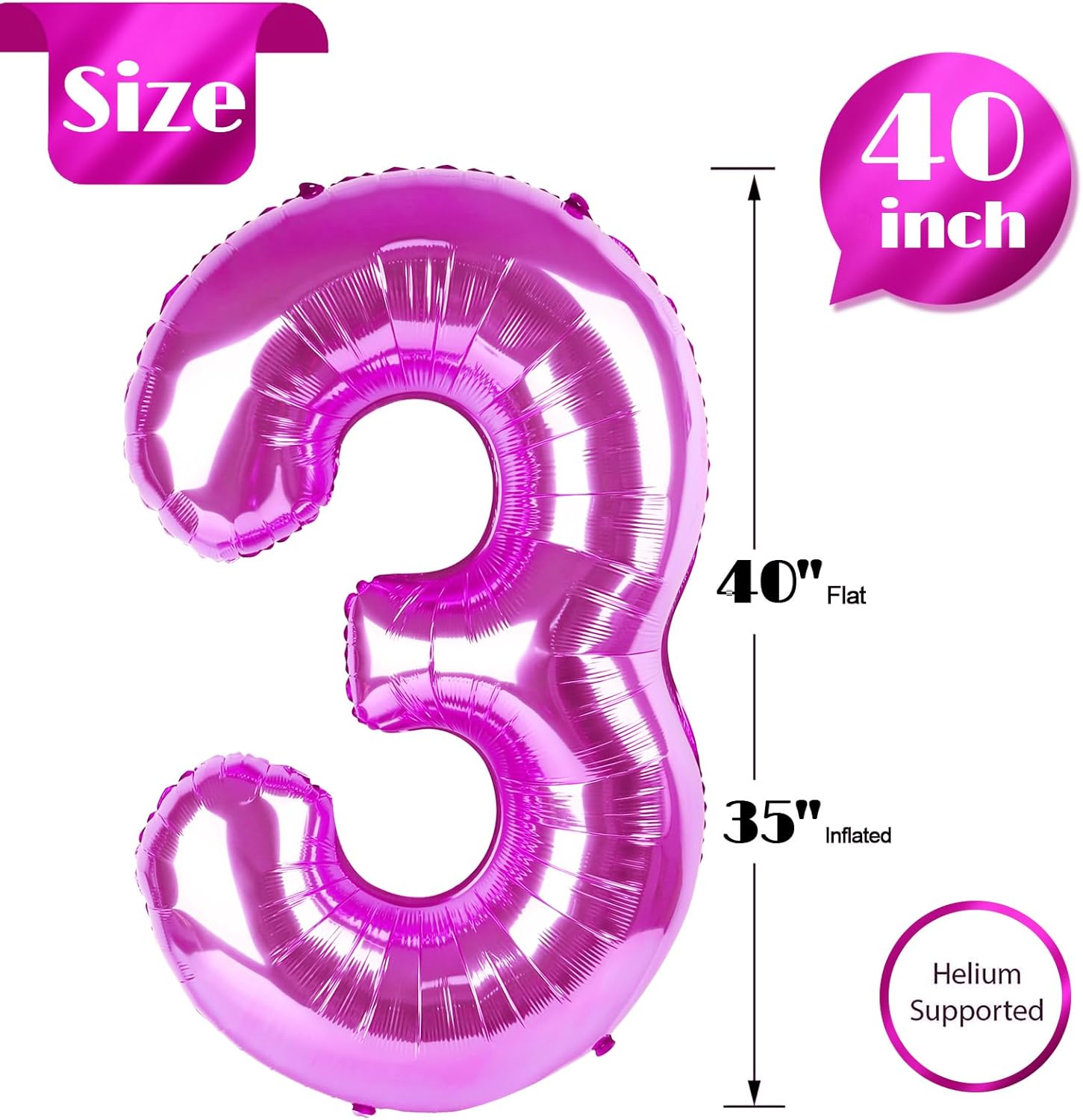 Number 3 Balloon - 40 Inch Rosy Purple Birthday Decoration for Kids & Women’s Parties